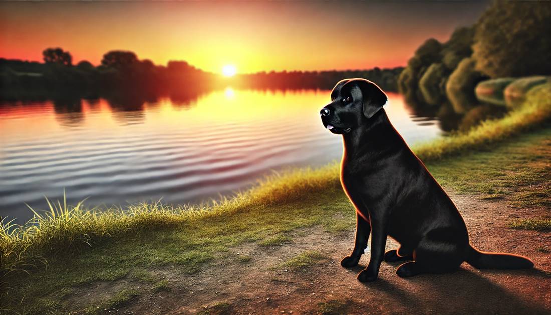 Czarny Labrador Retriever siedzący nad spokojnym jeziorem o zachodzie słońca, fotorealistyczny obraz.